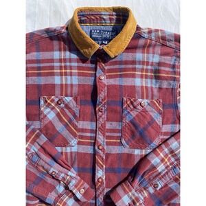 Raw Yarn‎ Mens Medium Plaid Shirt Light Flannel Button Up Corduroy Elbow Patches